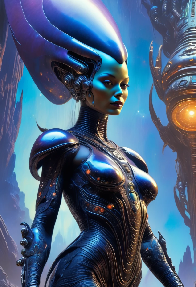 award winning digital art, dramatic lighting, full body shot, extremely detailed skin, a beautiful alien goddess, An alien deity, biomechanical, wearing an intricate high-tech bodysuit covering her entire body, spaceship, outer space, nebulae, retro futuristic, sci-fi, fantasy art, 80s fantasy movie style, Hans Ruedi Giger style, intricate mechanical details, glowing cybernetic enhancements, action pose, frank frazetta style, best quality, 8k, highres, masterpiece, ultra-detailed, realistic, photorealistic, HDR, UHD, studio lighting, ultra-fine painting, sharp focus, physically-based rendering, extreme detail description, professional, vivid colors