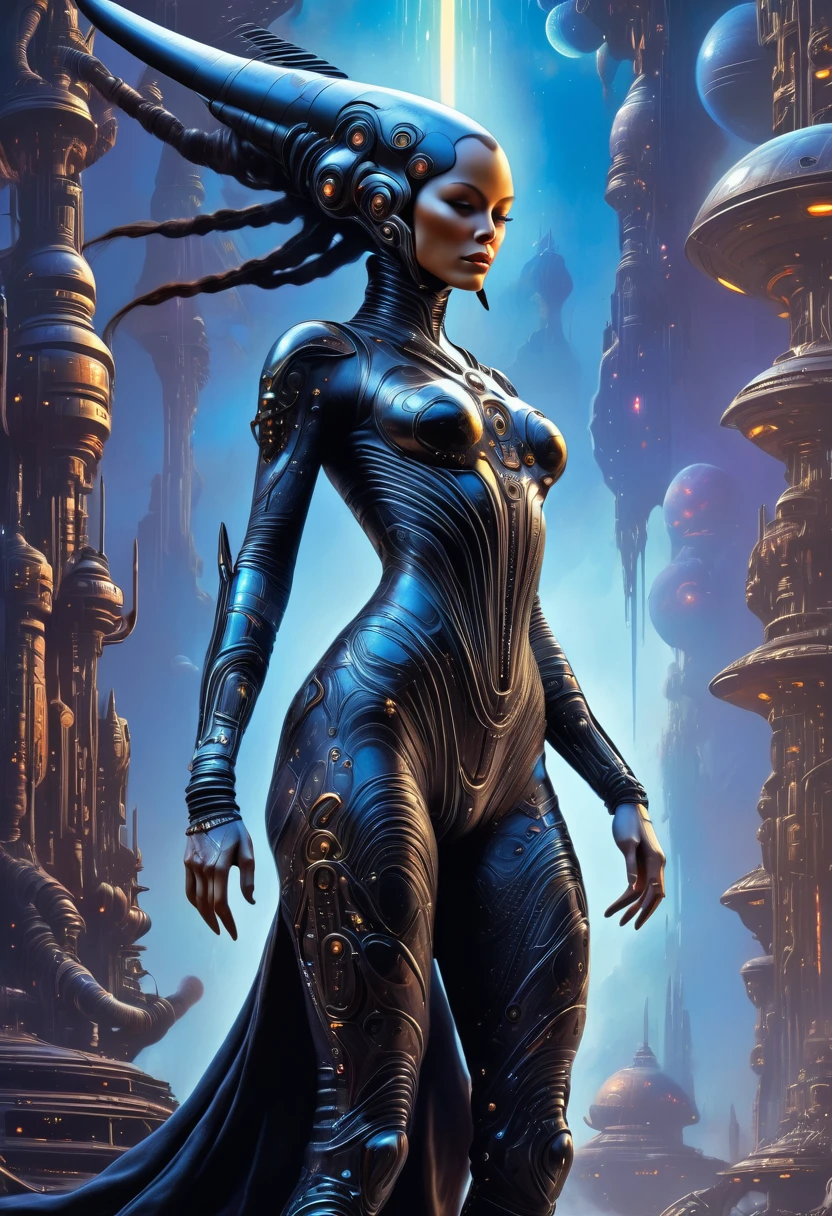 award winning digital art, dramatic lighting, full body shot, extremely detailed skin, a beautiful alien goddess, An alien deity, biomechanical, wearing an intricate high-tech bodysuit covering her entire body, spaceship, outer space, nebulae, retro futuristic, sci-fi, fantasy art, 80s fantasy movie style, Hans Ruedi Giger style, intricate mechanical details, glowing cybernetic enhancements, action pose, frank frazetta style, best quality, 8k, highres, masterpiece, ultra-detailed, realistic, photorealistic, HDR, UHD, studio lighting, ultra-fine painting, sharp focus, physically-based rendering, extreme detail description, professional, vivid colors