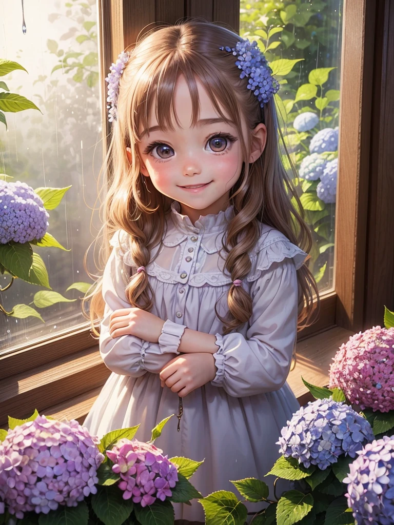 The best picture quality, a fairy tale world, an adorable little five-year-old girl smiling happily, startlingly large shining eyes, long eyelashes, chestnut hair, , friendly and bright smile, hydrangeas blooming outside the window in the pouring rain,