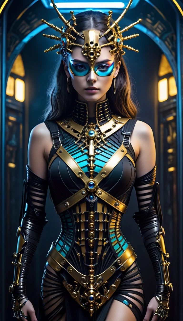 tarot card, chiaroscuro technique on sensual illustration of an queen of sword, a age fashion model wearing an exo-skeleton mask, vibrant colors, futuristic cyberpunk style, intricate details, cinematic lighting, dramatic pose, an elegant complex bio mechanical onyx and gold, intricate details, official art, unity 8k wallpaper, ultra detailed, beautiful and aesthetic, beautiful, masterpiece, best quality, the most beautiful form of chaos, elegant, a brutalist designed, vivid colours, romanticism, atmospheric