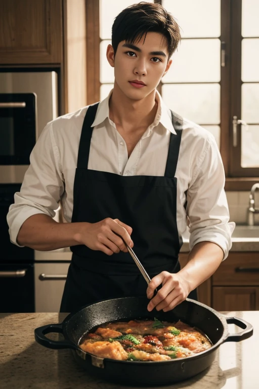 A tall, handsome man stands in the kitchen, wearing only a apron, completely naked, holding a frying pan and skillfully stir-frying the ingredients. Suddenly, a dancing flame rises from the pan, 32k, best quality, masterpiece, super detail, high details,