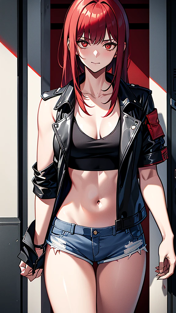 18 year old young girl, red hair with gray lines, red-eyed with gray, black leather jacket, short white shirt, hot blue short jean shorts, aura around the body dark red, serious look, sexy, with fringe, disheveled, torn clothes