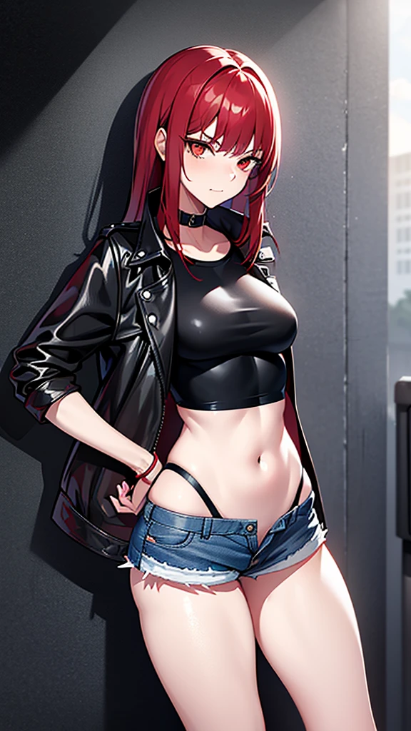 18 year old young girl, red hair with gray lines, red-eyed with gray, black leather jacket, short white shirt, hot blue short jean shorts, aura around the body dark red, serious look, , with fringe, disheveled, torn clothes