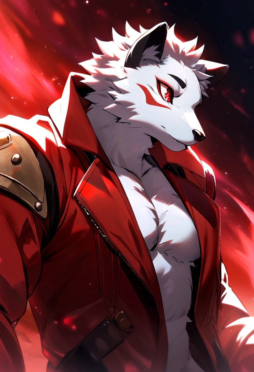 Furry man in red jacket, white fur, red eyes, black ears and a red aurora covering him