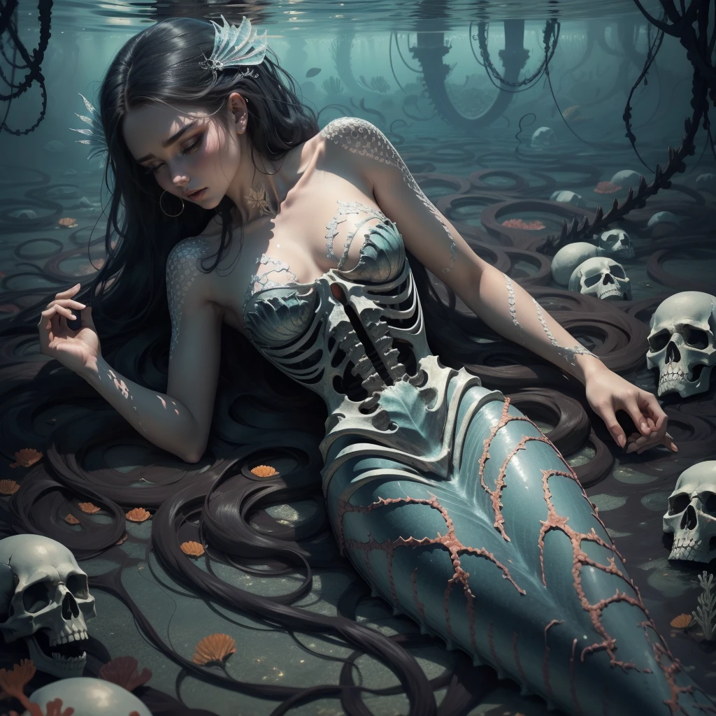 {-erro_de_anatomia:1.0} woman 30 years old, underwater, skeleton, corpse,Under the sea, where coral tendrils and vines abound, a woman (mermaid), long black hair (black hair) looks at you amidst a pile of bones and skulls.Indifferent look , merciless. Lying among the skulls. backwards, looking back.