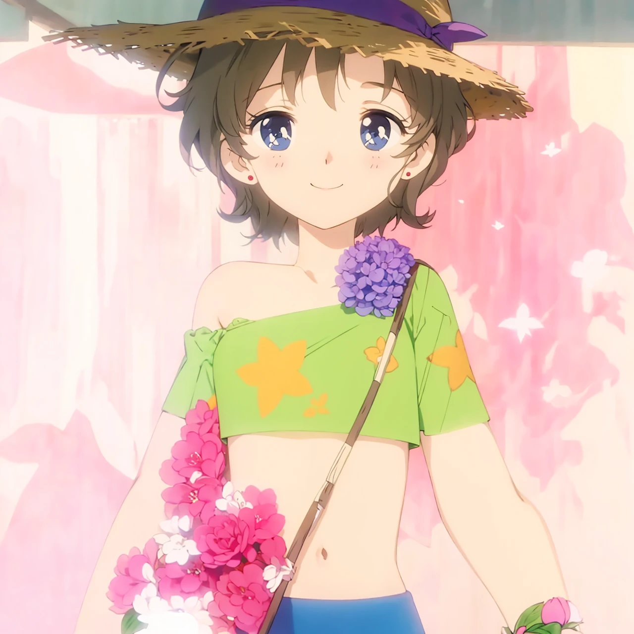 Brown hair girl, smile, belly, mole under eye , Straw hat