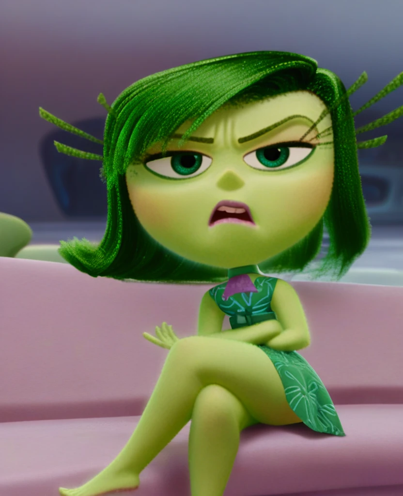 zPDXL,woman,
di_st, green hair, green eyes, green dress, purple ascot, looking at viewer, disgust, mouth open, grossed out, sitting, on sofa, legs crossed, living room,
desnuda con los senos de fuera totalmente sin ropa