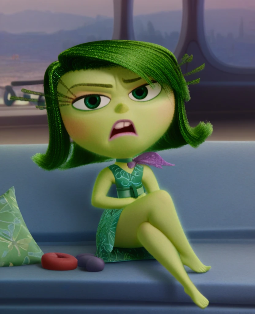 zPDXL,woman,
di_st, green hair, green eyes, green dress, purple ascot, looking at viewer, disgust, mouth open, grossed out, sitting, on sofa, legs crossed, living room,
desnuda con los senos de fuera  totalmente sin ropa 