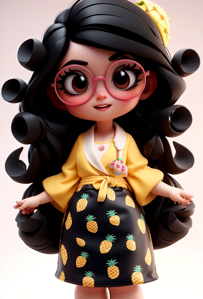 Inside Out 2, female, long curly black hair, short height and chubby black eyes with glasses, pineapple accessories and mug, cheerful, brunette color, white background, 3d