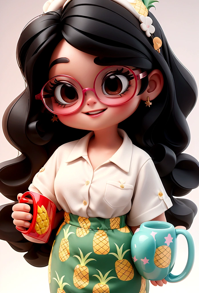 Inside Out 2, female, long curly black hair, short height and chubby black eyes with glasses, pineapple accessories and mug, cheerful, brunette color, white background, 3d