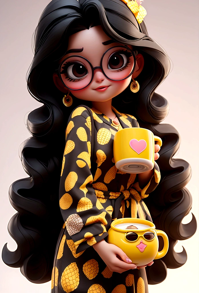 Inside Out 2, female, long curly black hair, short height and chubby black eyes with glasses, pineapple accessories and mug, cheerful, brunette color, white background, 3d