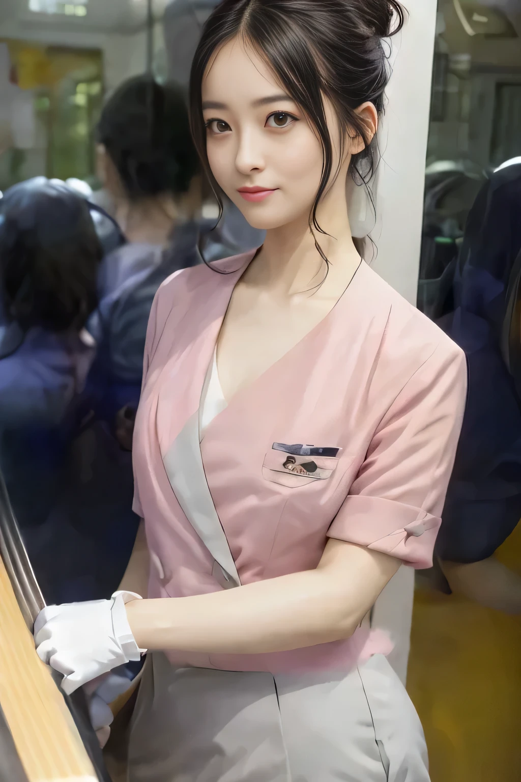 (masterpiece:1.2, Highest quality:1.2), 32k HDR, High resolution, (alone、1 girl)、 (Height: 160cm)、(On the rooftop of a building in the daytime、Professional Lighting)、Building rooftop background、(Nankai train crew uniform pinkを着たリアルスタイル)、(Nankai train crew uniform pink short sleeve collarless pink jacket、Nankai Train Crew Uniform Pink Collarless Short Sleeve Blouse、Nankai Train Crew Uniform Pink Grey Knee-length Culottes)、(The pink jacket is showing from the culottes.)、Dark brown hair、(Hair tied up、Hair tied up、Evening curly hairstyle)、Dark brown hair、Long Shot、Big Breasts、Thin legs、((Great hands:2.0)),((Harmonious body proportions:1.5)),((Normal limbs:2.0)),((Normal finger:2.0)),((Delicate eyes:2.0)),((Normal eyes:2.0)))、smile、(Nankai Train Crew Uniform Pink Grey Knee-length Culottesを見せた美しい歩く姿)、Place your hands around your stomach