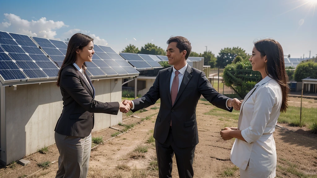 Create a realistic photo of two business executives shaking hands with a backdrop of modern solar panel technology, symbolizing investment in eco-friendly energy. Ensure the photo is suitable for stock photo needs and ideal for a magazine energy headline.