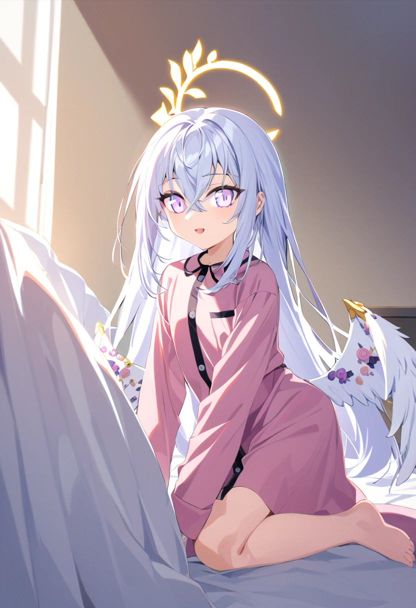 azusa \(blue archive\), 1girl alternate_costume angel_wings barefoot black_pajamas blanket crossed_bangs feathered_wings feet halo kneeling long_hair on_bed open_mouth pajamas purple_eyes sidelocks smile solo toes under_covers very_long_hair white_hair wings