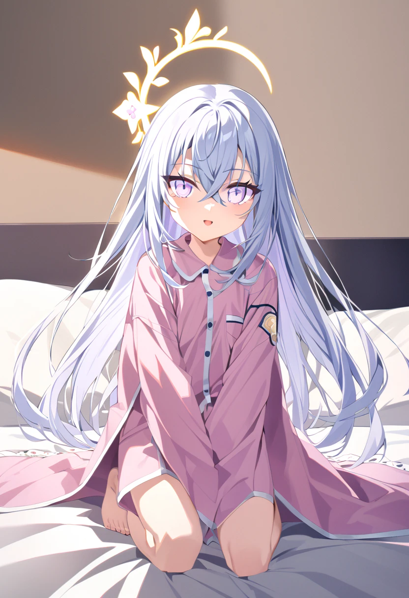 azusa \(blue archive\), 1girl alternate_costume angel_wings barefoot black_pajamas blanket crossed_bangs feathered_wings feet halo kneeling long_hair on_bed open_mouth pajamas purple_eyes sidelocks smile solo toes under_covers very_long_hair white_hair wings