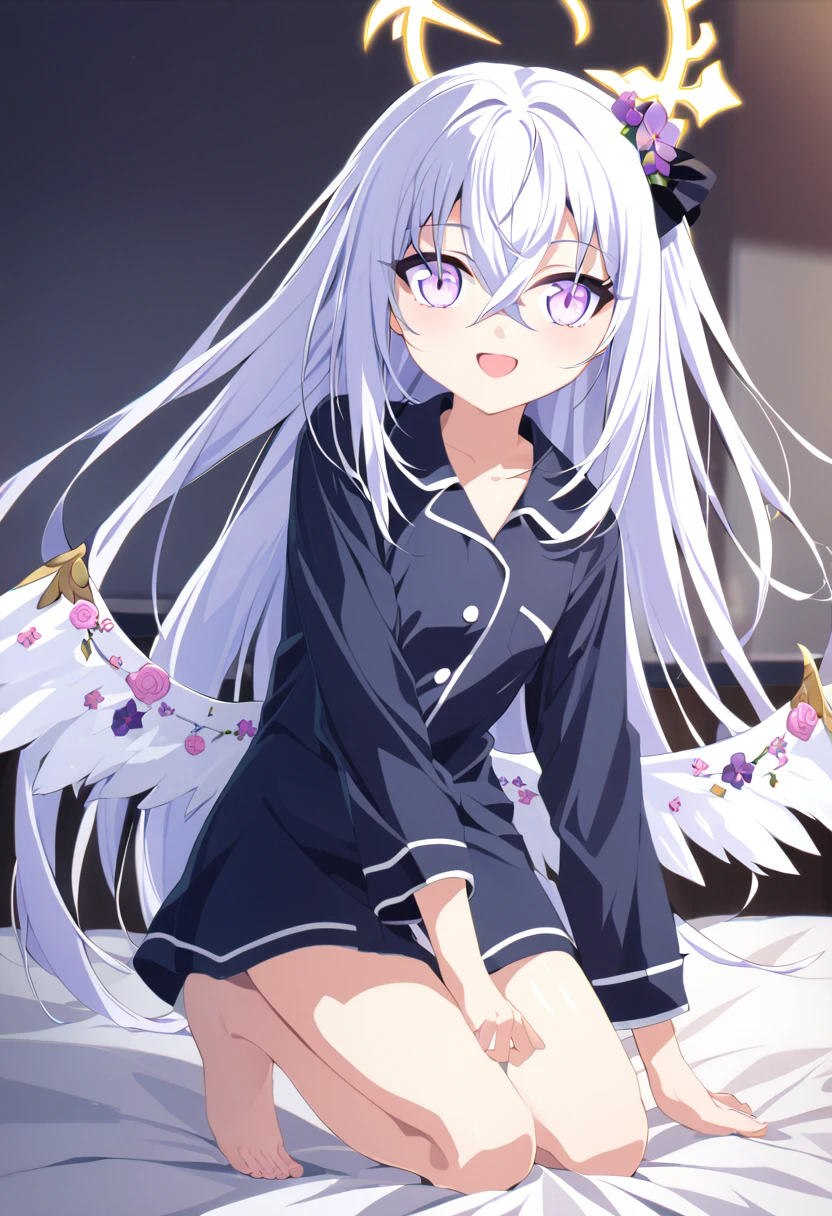 azusa \(blue archive\), 1girl alternate_costume angel_wings barefoot black_pajamas blanket crossed_bangs feathered_wings feet halo kneeling long_hair on_bed open_mouth pajamas purple_eyes sidelocks smile solo toes under_covers very_long_hair white_hair wings