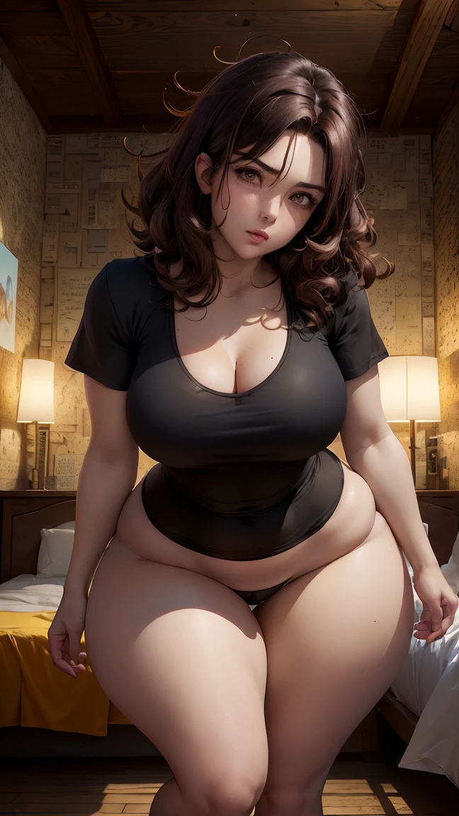 1woman, 24 years old, Ella tiene curly hair, curly hair, (wide: 1.0), (dark brown hair: 1.5), (messy hair), (asian eyes), beautiful face, beautiful girl, brown eyebrows, (Brown eyes: 1.5), (: 1.0), perfectly rounded breasts, (truesos: 1.5), (Wide hips: 1.5), (wide pelvis: 1.5), big chest, curvilinear, (defined girl), (gym woman: 1.0), perfect body shape, (BROWN SKIN: 1.35), (body moles), (((Wear sports clothing, black thong and a loose black t-shirt, bare legs))), (((simple t-shirt))), (loose t-shirt: 1.35), (bedroom, bed, messed bedroom, warm light background), sexy, erotic, bolddetailkground), 8k quality, wallpaper, high quality, cinematic lightning, gentle face, expressive face, (detailed face), The face is well lit, (detailed eyes), pretty eyes, centered,Scale to fit dimensions,rule of thirds), high resolution,sharp focus, (ultra detailed,extremely detailed),(photorealistic artwork:1.37),(extremely detailed CG unity 8k wallpaper), (((vibrant colors,vibrant theme))), standing on your feet, cinematic lightning, (pose sexy), (dynamic pose: 1.5),igh, sensual girl, (full medium shot), Perfect and proportionate body, (American shooting), (perspective from below: 1.0), camera angle