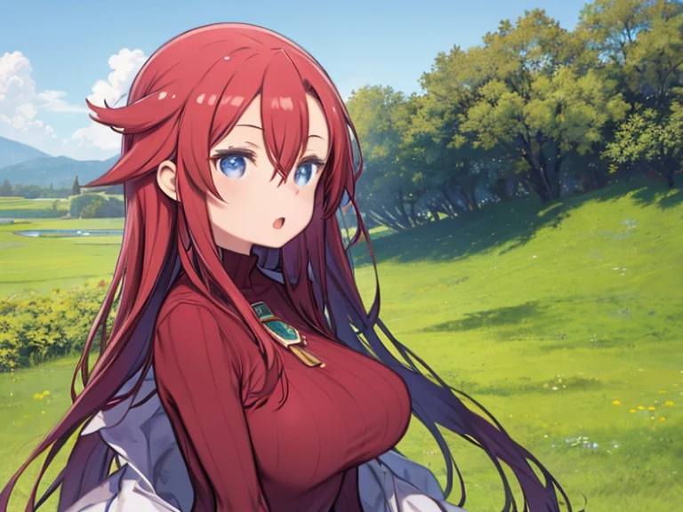 One Girl、Red color hair、long hair、Hair between the eyes、Big Breasts、Huge breasts、Blue Eyes、Red turtleneck sweater、Clothes that fit the body、Upper Body、Angle from the side、Looking to the side、grassland、blue sky、(Open your mouth)、grassland、