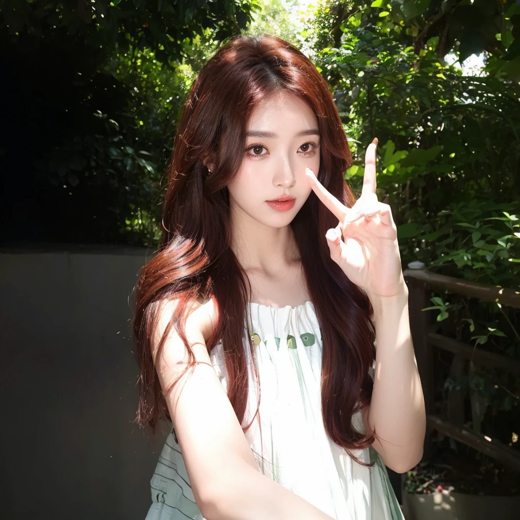 Red long curly hair，Middle-parted bangs，Green plants in background