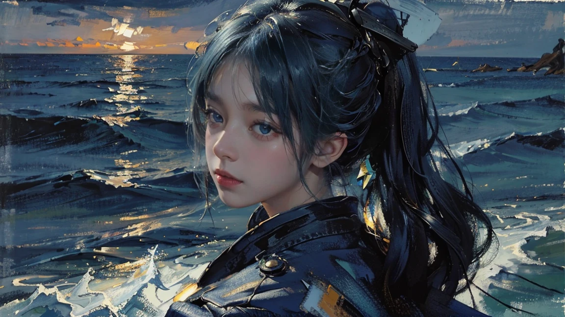 night，Oil painting style，The back of a girl，Blue Hair，Close-up of face，Upper Body，Background is the sea，Late Night，Exquisite eyes，Wear a cotton jacket