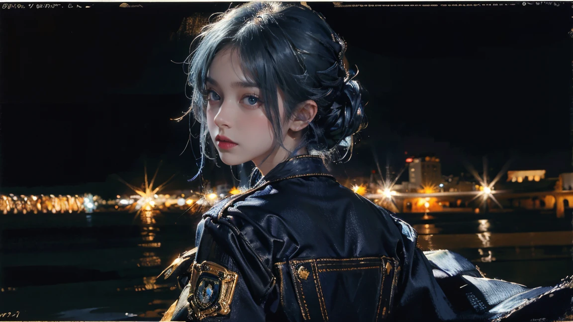 night,Oil painting style,The back of a girl,Blue Hair,Close-up of face,Upper Body,Background is the sea,Late Night,Exquisite eyes,Wear a cotton jacket
