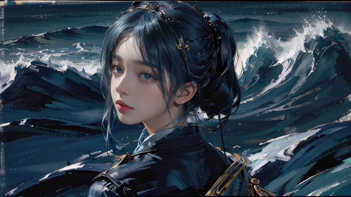 night,Oil painting style,The back of a girl,Blue Hair,Close-up of face,Upper Body,Background is the sea,Late Night,Exquisite eyes,Wear a cotton jacket