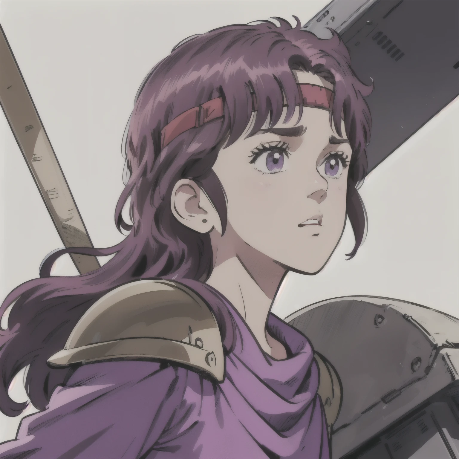 Rin, Purple Hair, Semi-long hair, Purple clothes, A dignified face, Right leaning, Close your mouth, From the side, Look Up, Shoulder Armor, White background