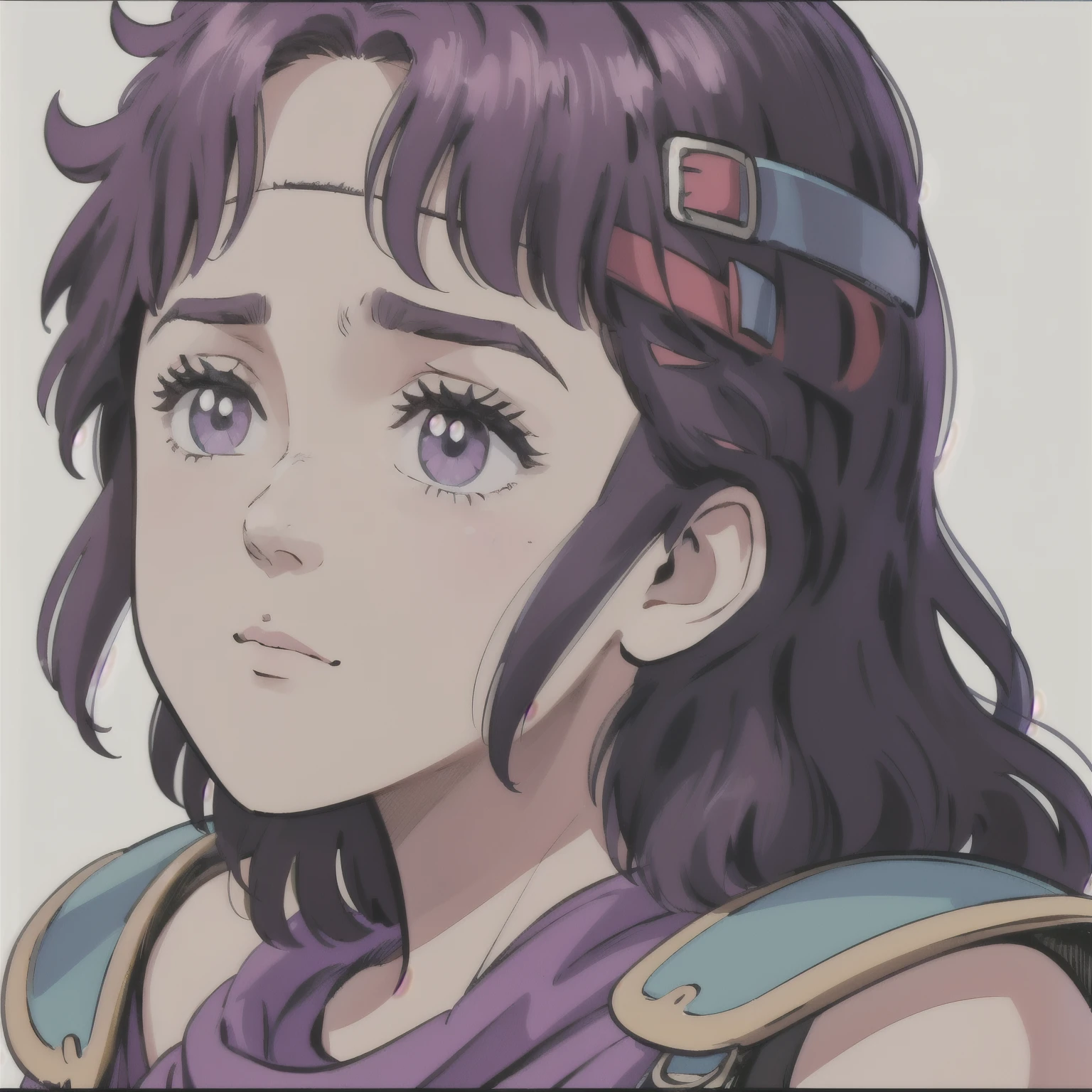 Rin, Purple Hair, Semi-long hair, Purple clothes, A dignified face, Right leaning, Close your mouth, Closed Mouth, From the side, Look Up, Shoulder Armor, White background