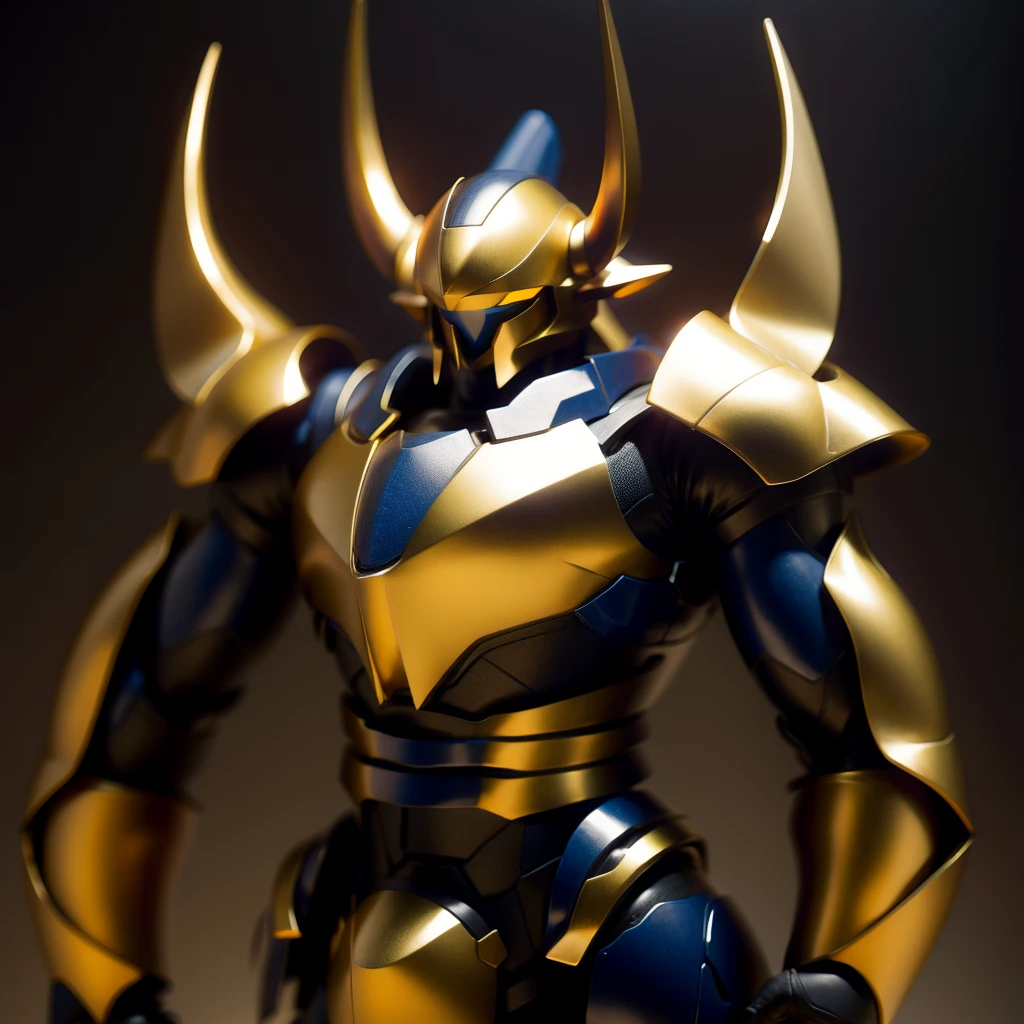 Two long horns on head, golden horns, horns on both shoulders, golden armor, dark night background, high quality, blue visor,
