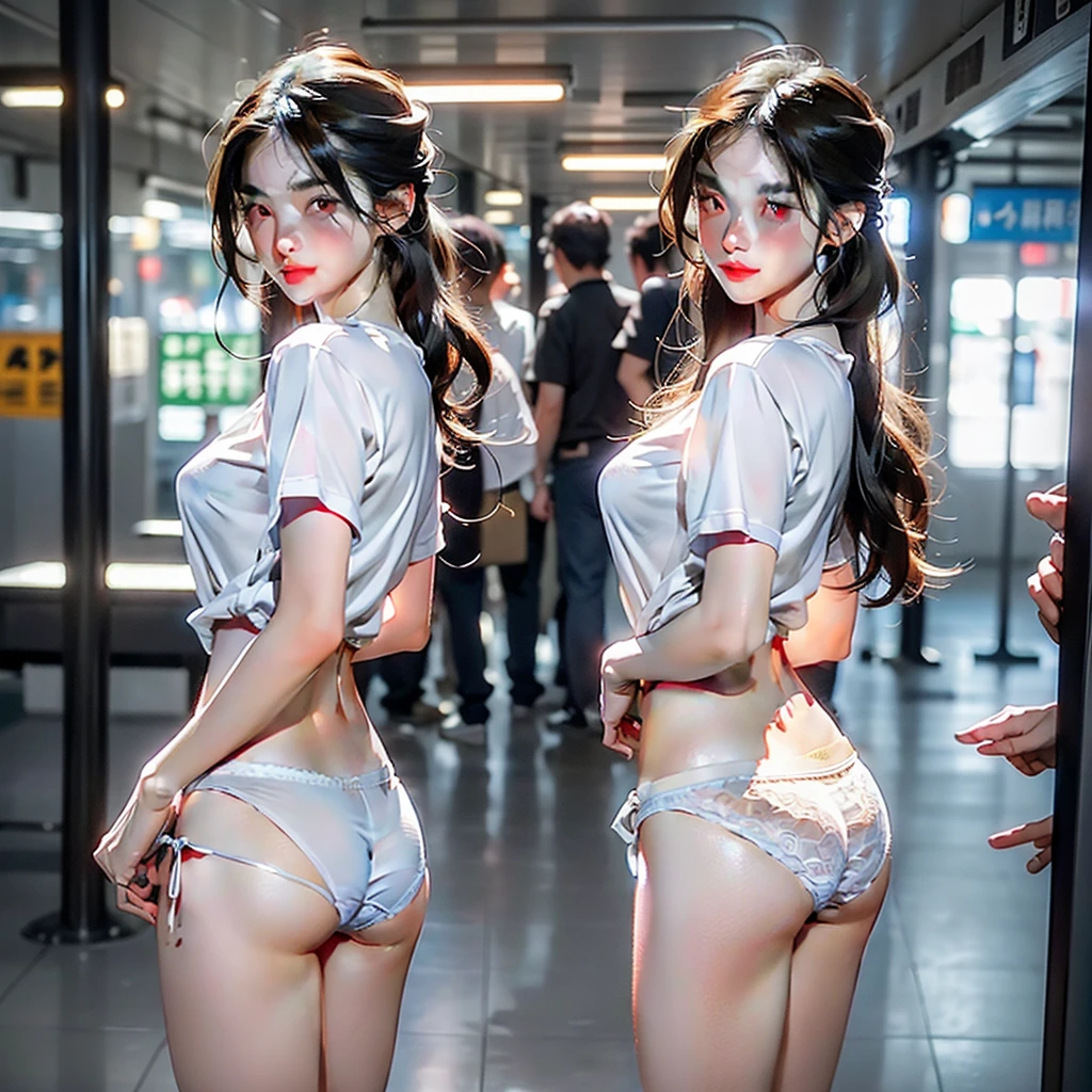 (Realistic、Like a photograph、Live Action、8K, Photorealistic, RAW Photos, Best image quality: 1.4), Single-lens reflex camera、RAW Photos, Highest quality, Realistic, 非常に詳細な CG Unity 8K 壁紙, Written boundary depth, Cinematic Light, Lens flare, Ray Tracing, Realistic backgroundform:1.4、White shirt:1.1、Best hip shot:1.4、Pleated skirt、Lift up the skirt、Panties with detailed lace)、((Ultra-dense skin))、 1 girl,Cute Japanese Girl、((whole body:1.5),(Touching breasts from behind:1.37、My butt is touched、Crazy behavior)、Looking back at the audience:1.1、Embarrassed look、Random hairstyle:1.2、I like that style、Pay attention to the details、Long Hair、The perfect outfit、(White skin)、Beautiful legs:1.1,Standing in the subway((((I can see her panties))))