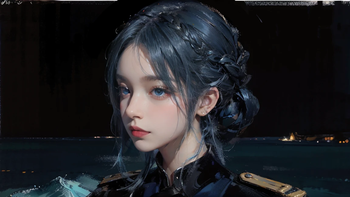 night,Oil painting style,The back of a girl,Blue Hair,Close-up of face,Upper Body,Background is the sea,Late Night,Exquisite eyes,Wear military uniforms