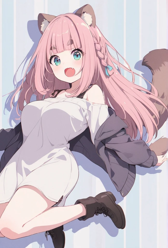 anime,(pale colors:1.8),long shot, 1girl, (on right:1.3), full body, solo, cat mouth, dynamic angle, jumping low, fang, pink hair, long hair, straight hair, racoon ears, racoon tail, (brown streaked hair:1.3), side braid, (blunt bangs) ,thick eyebrows, big breast, off shoulder clothes, cutout, striped background, shadow,