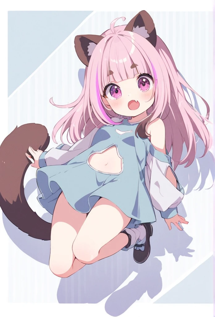 anime,(pale colors:1.8),long shot, 1girl, (on right:1.3), full body, solo, cat mouth, dynamic angle, jumping low, fang,  pink hair, long hair, straight hair, racoon ears, racoon tail, (brown streaked hair:1.3), side braid, (blunt bangs) ,thick eyebrows, big breast, off shoulder clothes, cutout,  striped background, shadow, 