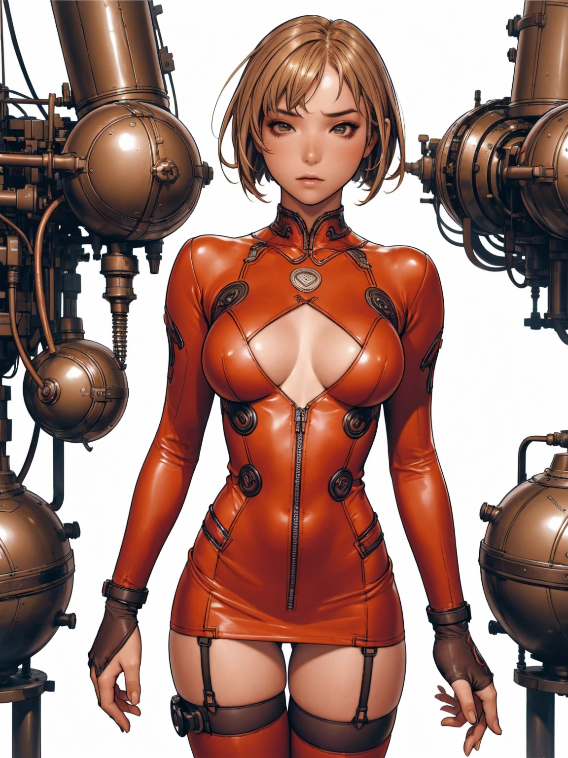 (((Woman))), (((best qualityer))), (((masterpiece))), (((grown-up))), (((1girl))), ((( hair blonde ))), (((red))), (((short dress))), (((bob haircut))), A girl wearing a red leather mini dress with vertical seams, Dress fitted in the chest and chest widening from the waist down, big breasts, wide V-neck, Zipper in the center of the neck, shoulders and arms covered by a tight black blouse with multiple buckles, black gloves, wide bracelet, coxas nuas, garter belt holding red leather stocking, (((Loire))), (((messy hair))), almost naked in the style of Adam Hughes for the cover of Penthouse comix magazine, Cyberpunk mini-dress, Minimum clothing, red futuristic dress, (((from the knee up))), ((( short blonde hair ))), Ao fundo, An abandoned factory with an intricate design, (((Giant machines))), Two-tone lighting, film granulation
