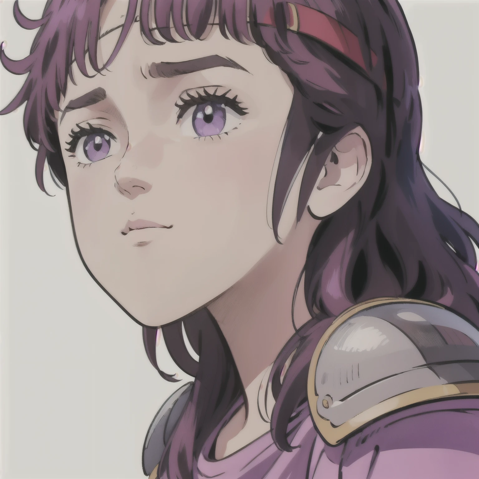 Rin, Purple Hair, Semi-long hair, Purple clothes, A dignified face, Right leaning, Close your mouth, Closed Mouth, From the side, Look Up, Shoulder Armor, White background