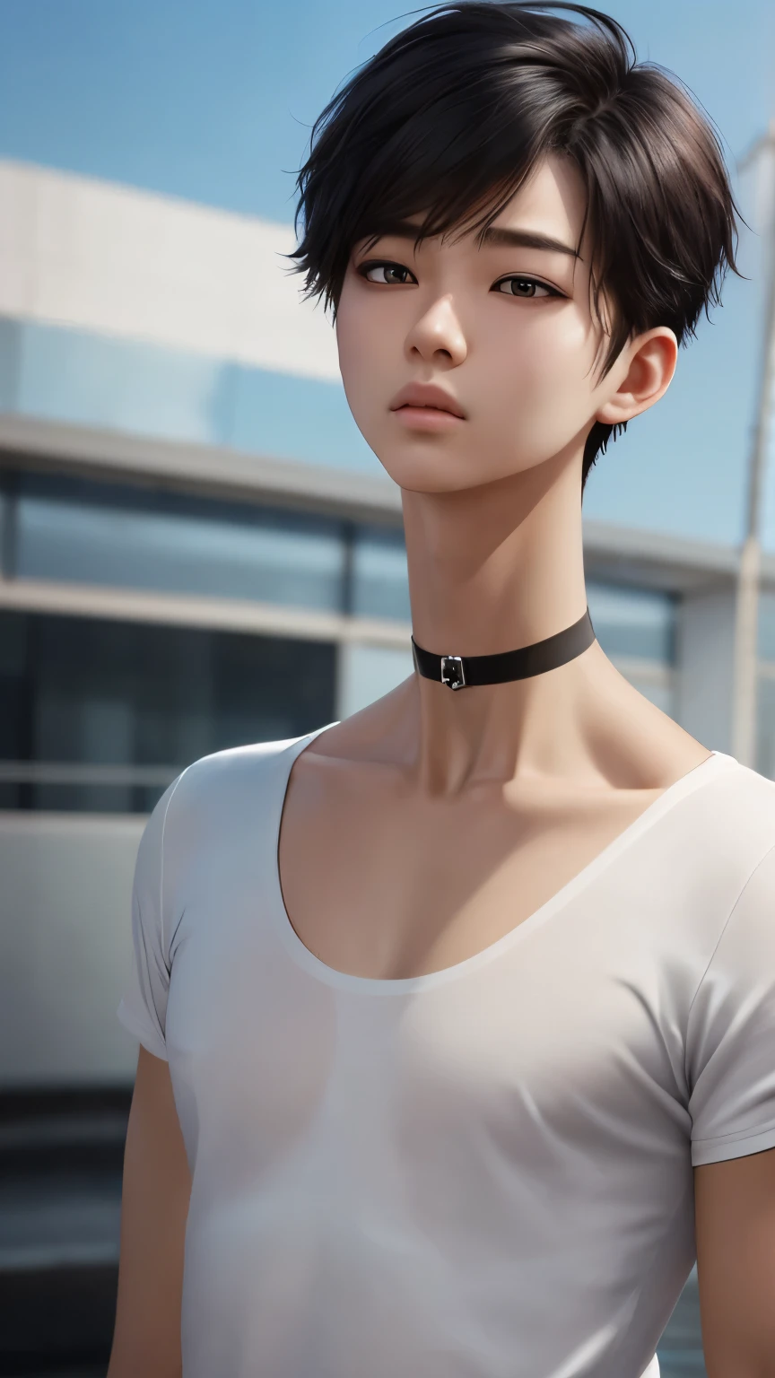(ultra realistic, highly detailed:1.4), best quality, androgynous korean boy, short fluffy hair, loose white tee, (choker), (longneck:1.5)