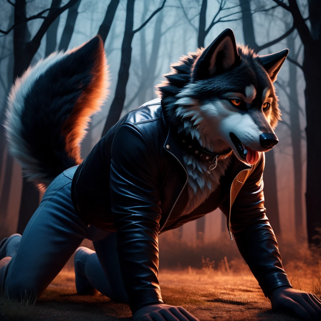 On all fours, Male, 30 years old, cute, eyeliner, mouth open with tongue hanging out, black leather jacket, anthro, wolf ears, (black fur:1.5), wolf, forest background, 8k, hi res, (best quality, masterpiece), (wolf tail:1.5), detailed fur, solo, night, leashing and collar, blue jeans,