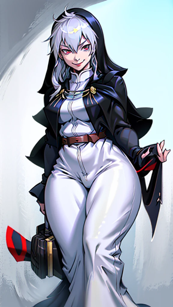 Highly detailed, 1 girl, goeniko, pale skin, greyish white hair, shiny crimson eyes, evil smile, black goeniko's clothes, medium buson, curvy body, looking to the viewer