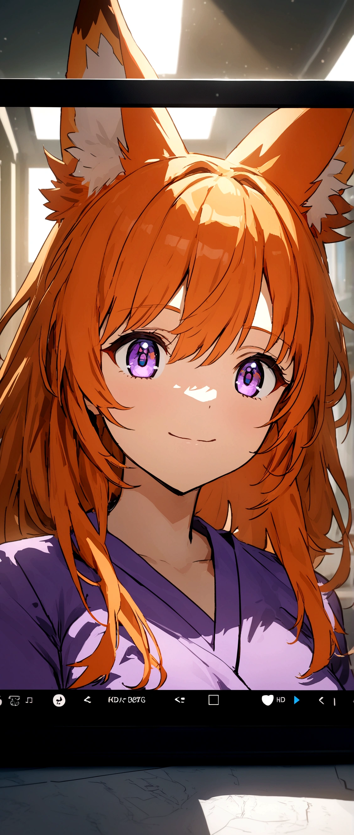 A beautiful anime fox girl with vibrant orange hair, a happy expression, and stunning eyes, wearing violet medical scrubs in a hospital setting, half-body portrait view, intently focused on writing something,UHD,sharp focus,physically-based rendering,professional,vivid colors,bokeh,anime,HDR