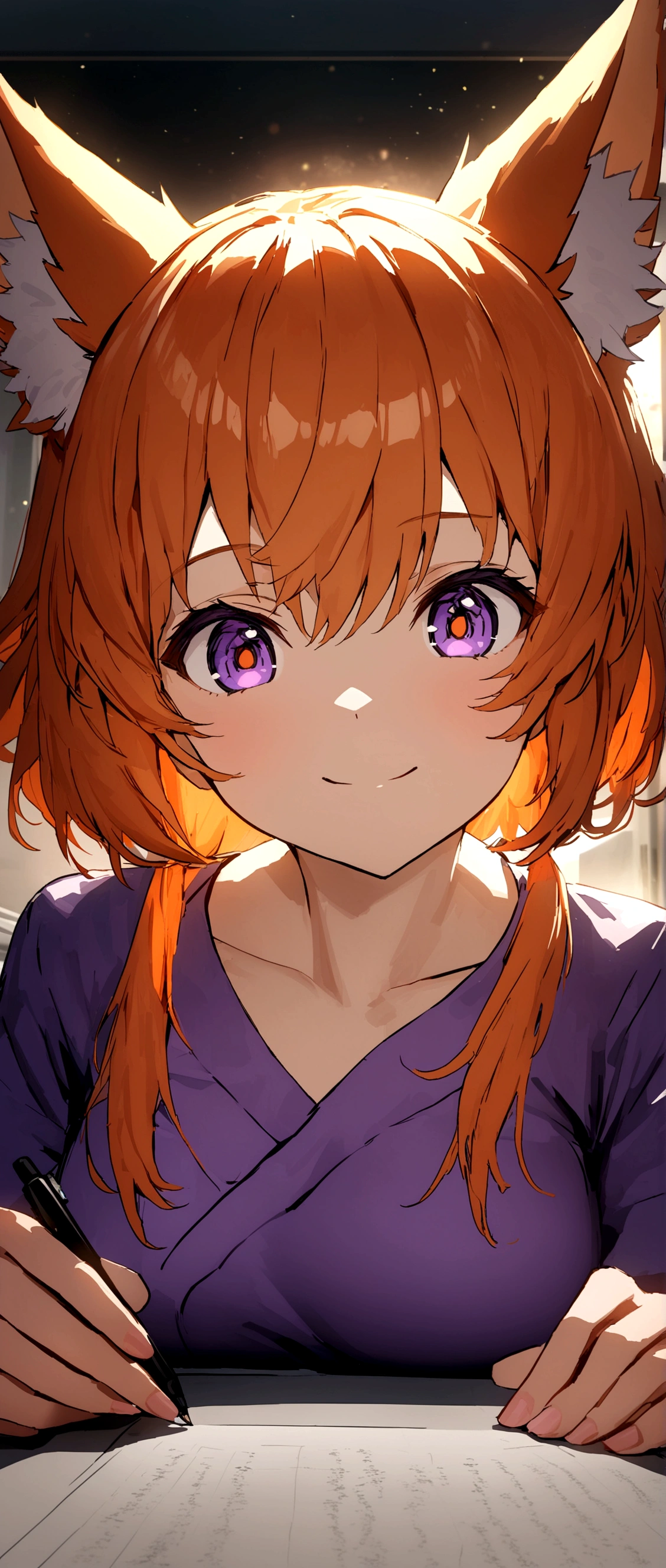 A beautiful anime fox girl with vibrant orange hair, a happy expression, and stunning eyes, wearing violet medical scrubs in a hospital setting, half-body portrait view, intently focused on writing something,UHD,sharp focus,physically-based rendering,professional,vivid colors,bokeh,anime,HDR