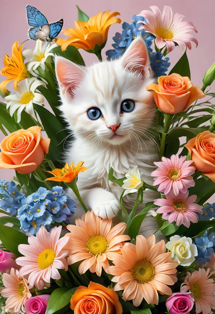 A photorealistic image of a bouquet of flowers with two kittens hidden among the blooms. The bouquet is vibrant and colorful, featuring various types of flowers such as roses, lilies, and daisies. The kittens are playfully peeking out from between the flowers, their small faces and paws visible among the petals and leaves. The scene is whimsical and heartwarming, with the kittens adding a delightful and unexpected element to the beautiful floral arrangement.