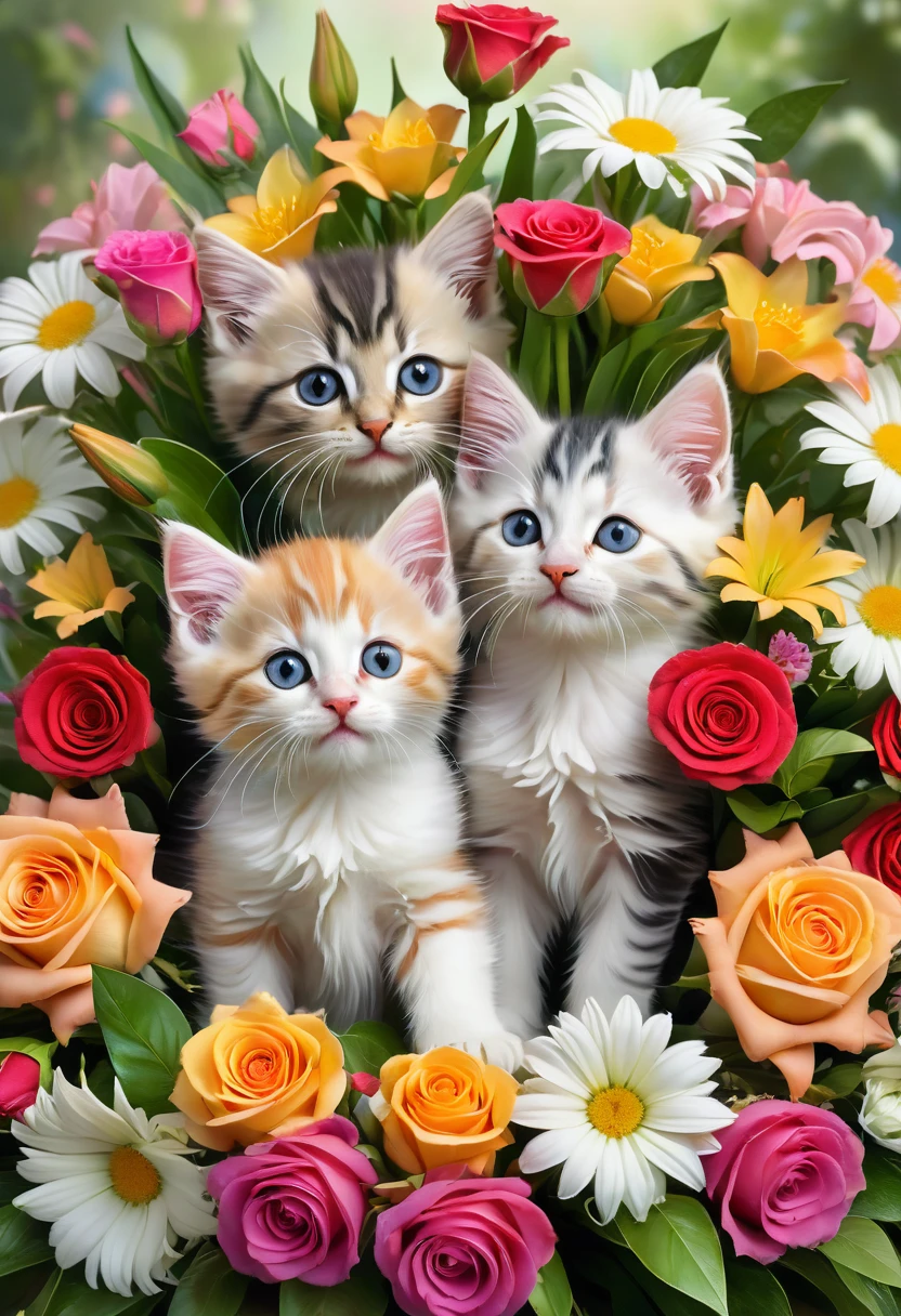 A photorealistic image of a bouquet of flowers with two kittens hidden among the blooms. The bouquet is vibrant and colorful, featuring various types of flowers such as roses, lilies, and daisies. The kittens are playfully peeking out from between the flowers, their small faces and paws visible among the petals and leaves. The scene is whimsical and heartwarming, with the kittens adding a delightful and unexpected element to the beautiful floral arrangement.