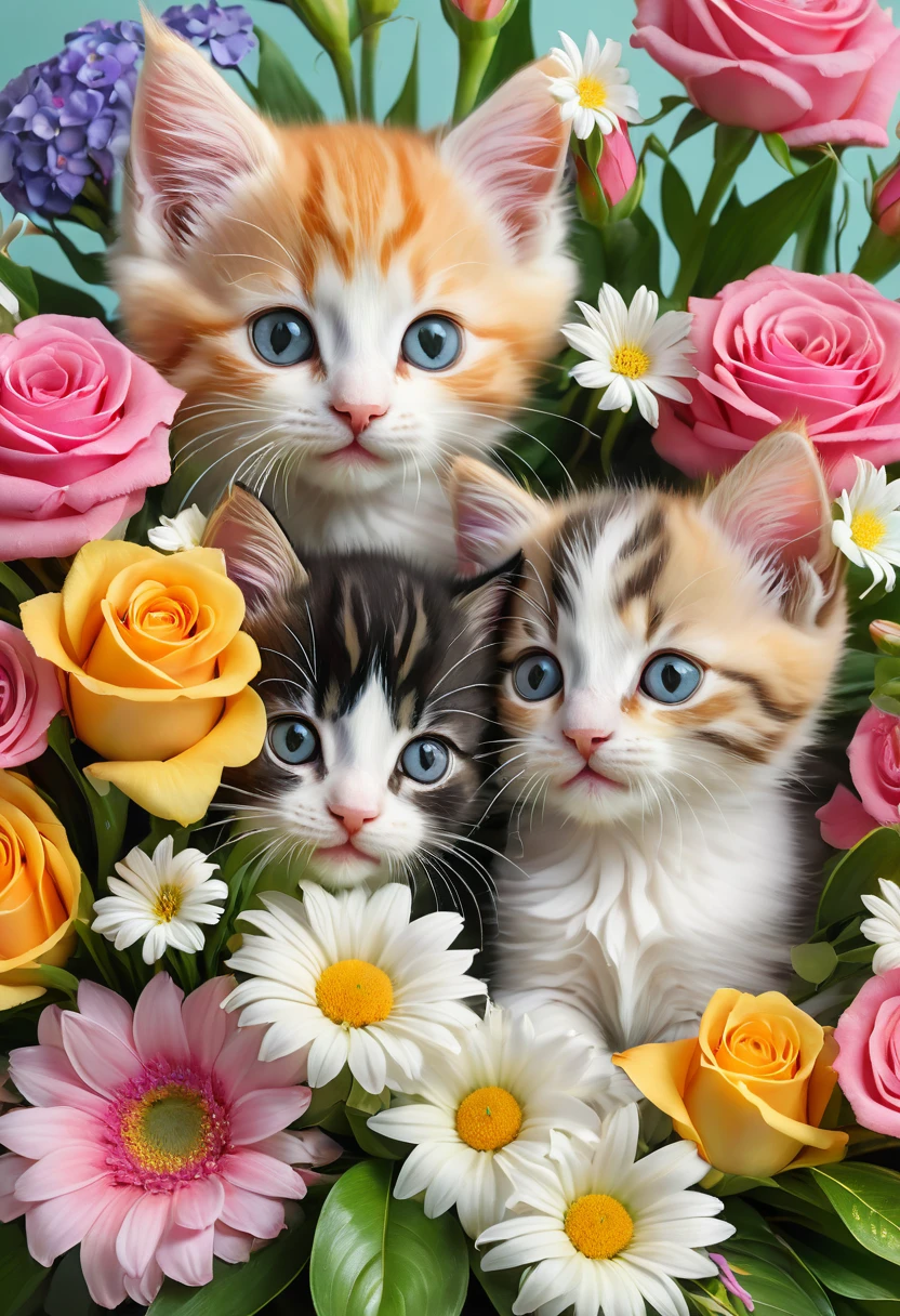 
A photorealistic image of a bouquet of flowers with two kittens hidden among the blooms. The bouquet is vibrant and colorful, featuring various types of flowers such as roses, lilies, and daisies. The kittens are playfully peeking out from between the flowers, their small faces and paws visible among the petals and leaves. The scene is whimsical and heartwarming, with the kittens adding a delightful and unexpected element to the beautiful floral arrangement.