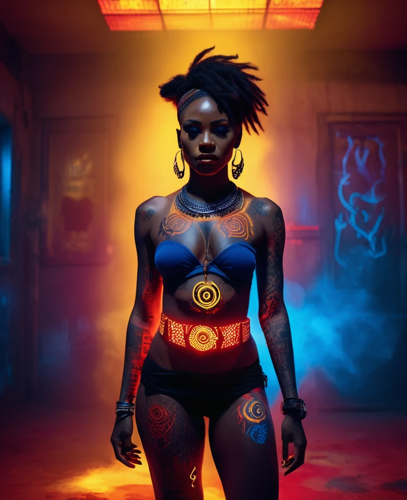 Black woman dressed in African designed clothes with neon lit glowing red and blue tattoos, standing in an empty place with tattoos lighting the scene, a yellow fog atmosphere in the scene, dim lit scene with only the tattoos shining in the scene, providing an atmospheric cinematic colour grading, 32k,