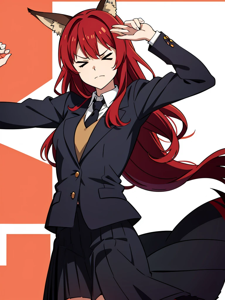 1girl ,solo,20s,mature female,red hair,long hair,fox ears,(white background),shirt,black standard tie,blue blazer,long sleeves, black pleated skirt,(upper body),> <, closed eyes