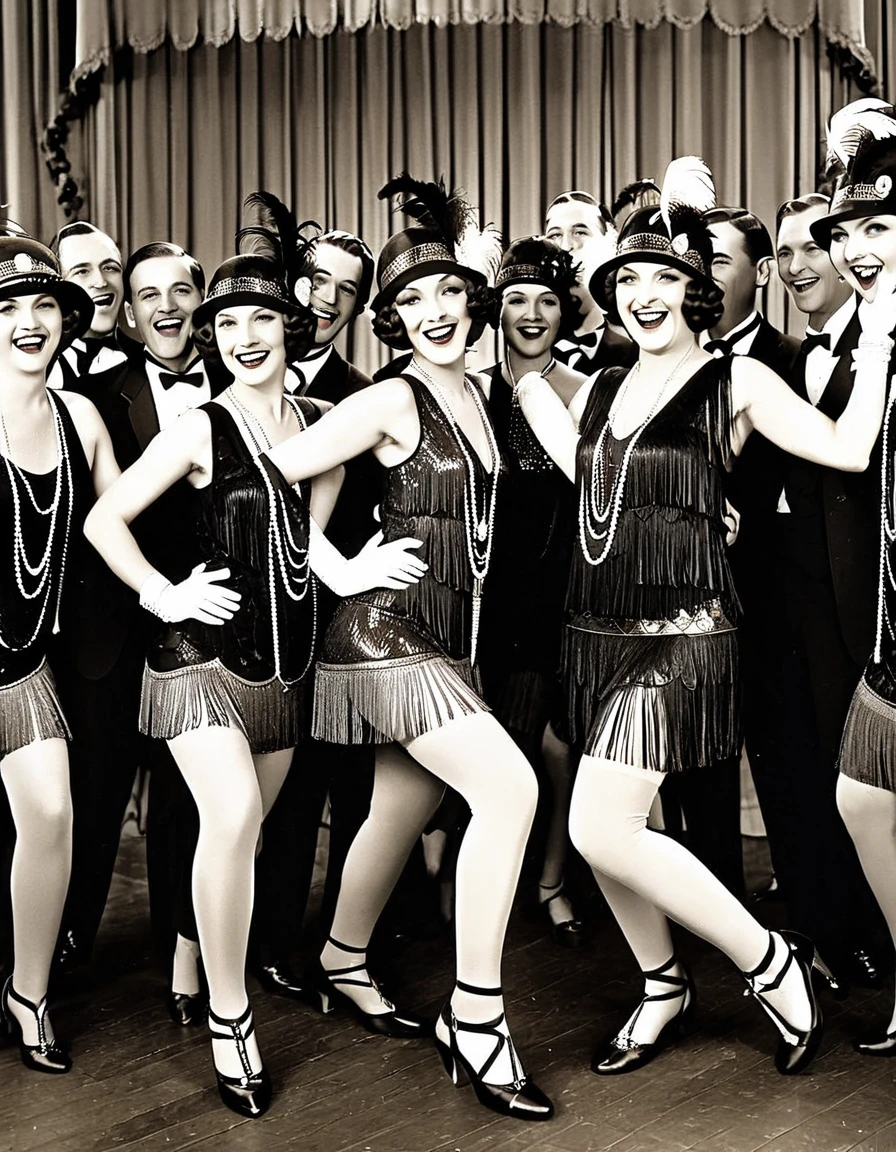 Capture the Roaring Twenties: Showcase the vibrancy and exuberance of the 1920s Flapper era with a lively group shot of Flappers dancing the Charleston.