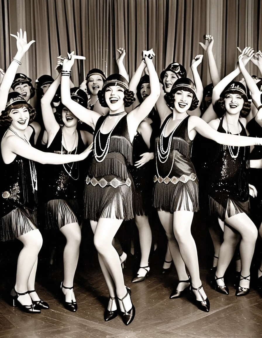 Capture the Roaring Twenties: Showcase the vibrancy and exuberance of the 1920s Flapper era with a lively group shot of Flappers dancing the Charleston.
