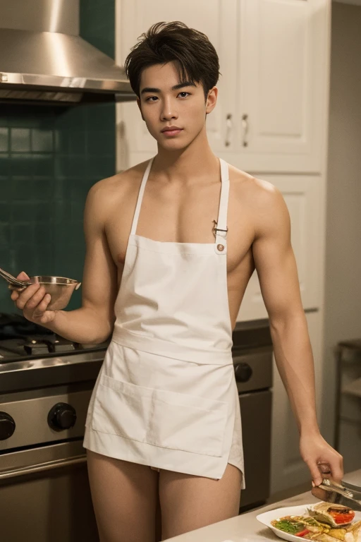 A tall, handsome man stands in the kitchen, wearing only a apron, completely naked, holding a frying pan and skillfully stir-frying the ingredients. Suddenly, a dancing flame rises from the pan, 32k, best quality, masterpiece, super detail, high details,nude , naked , thighs , hips , This photorealistic portrait combines the style of National Geographic., Capture every detail of his textured skin in 8k resolution. Leica digital SLR camera. His features were clearly visible., From the deep-set eyes to the chiselled jawline., Make this image a true masterpiece..Lift. (8K UHD、RAW Photography、Photorealistic Portrait Leica Digital SLR、Lifelike images)