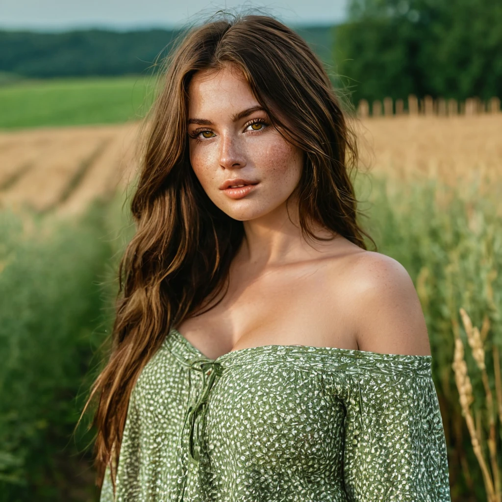 Luma is a topless person, she is beautiful , Brown hair, long Brown hair, she has expressive eyes, ( Only olive green eyes) Her skin is light and she has some light freckles on her cheekbones.., busty, Farm, Summer light clothing, romantic vibes, fire lights, 