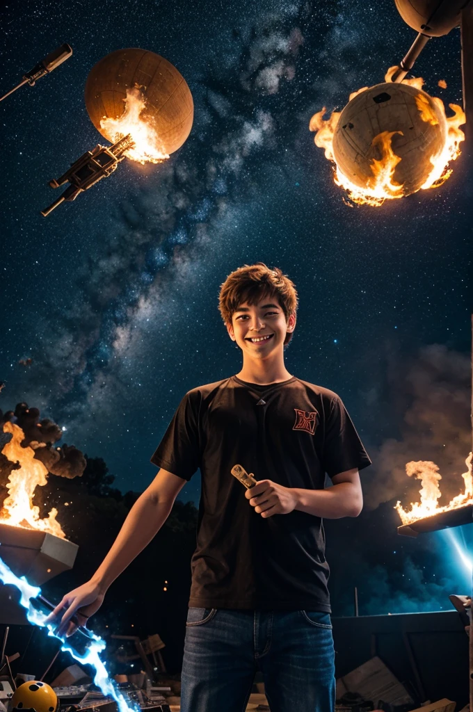 Boys and girls burning his toys in universe with smile